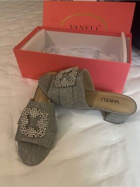 Vaneli Silver Glitter Slide Mules with Crystal Buckle